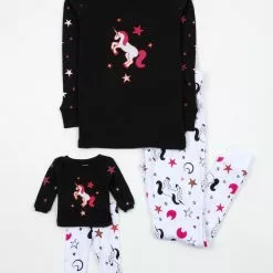 Leveret Girl And Doll Matching Unicorn Print Pajamas