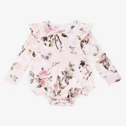 Posh Peanut Vintage Pink Rose Ruffled Long Sleeve Bubble Romper