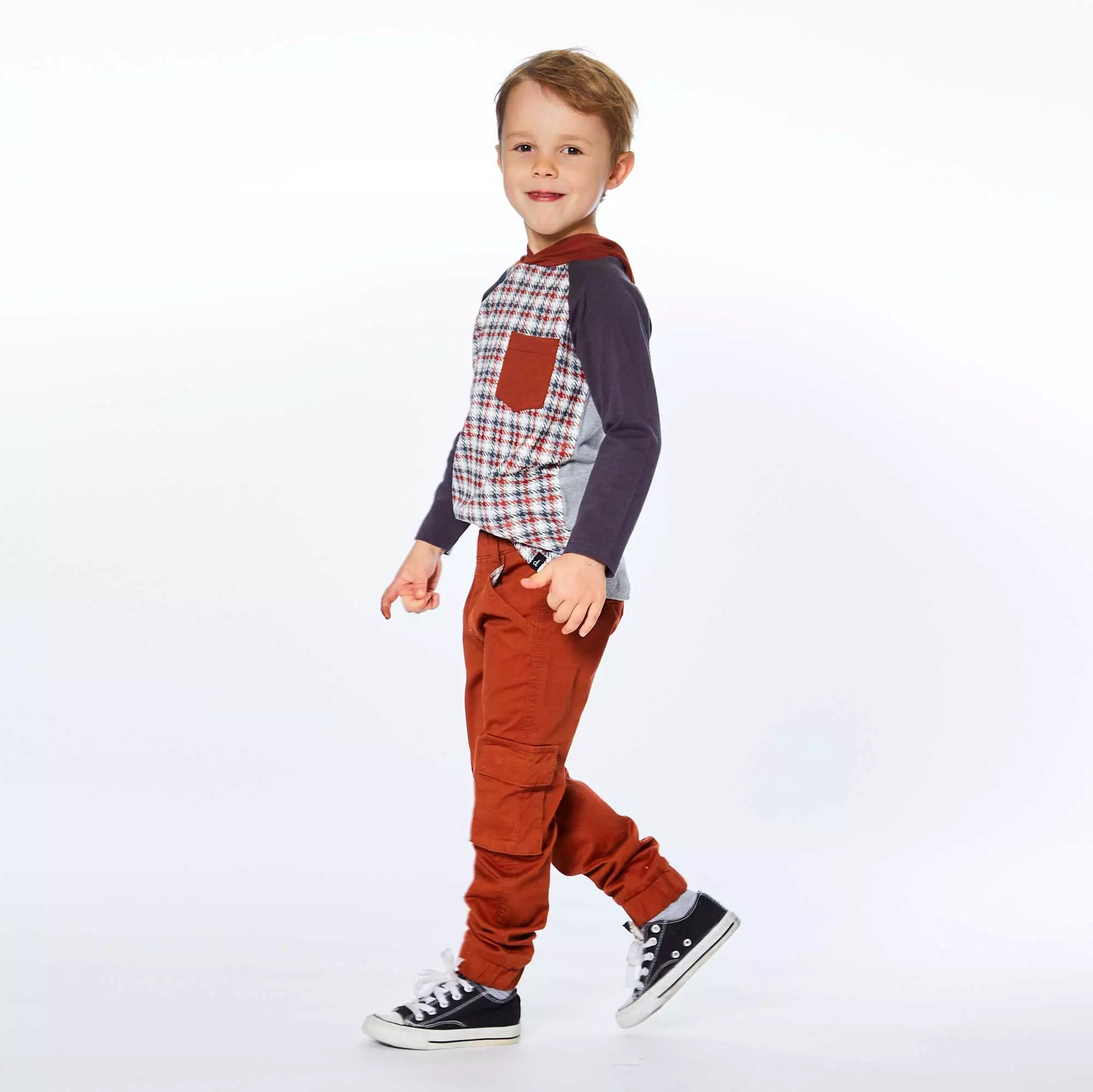 Deux Par Deux Hooded Jersey Top Plaid Print - Image 2