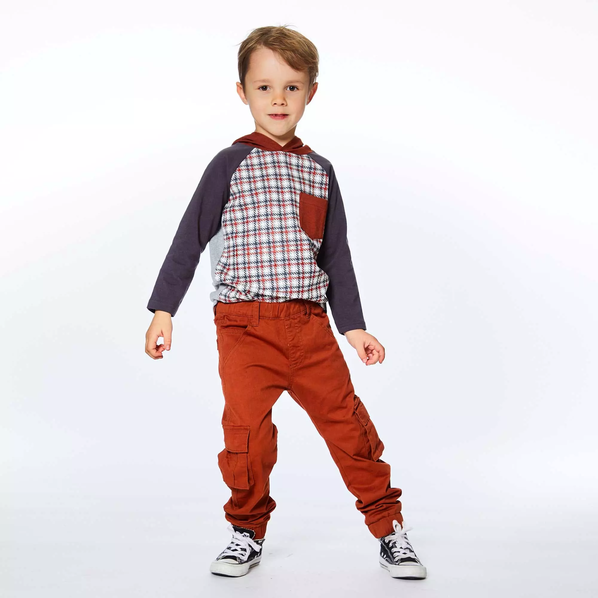 Deux Par Deux Hooded Jersey Top Plaid Print