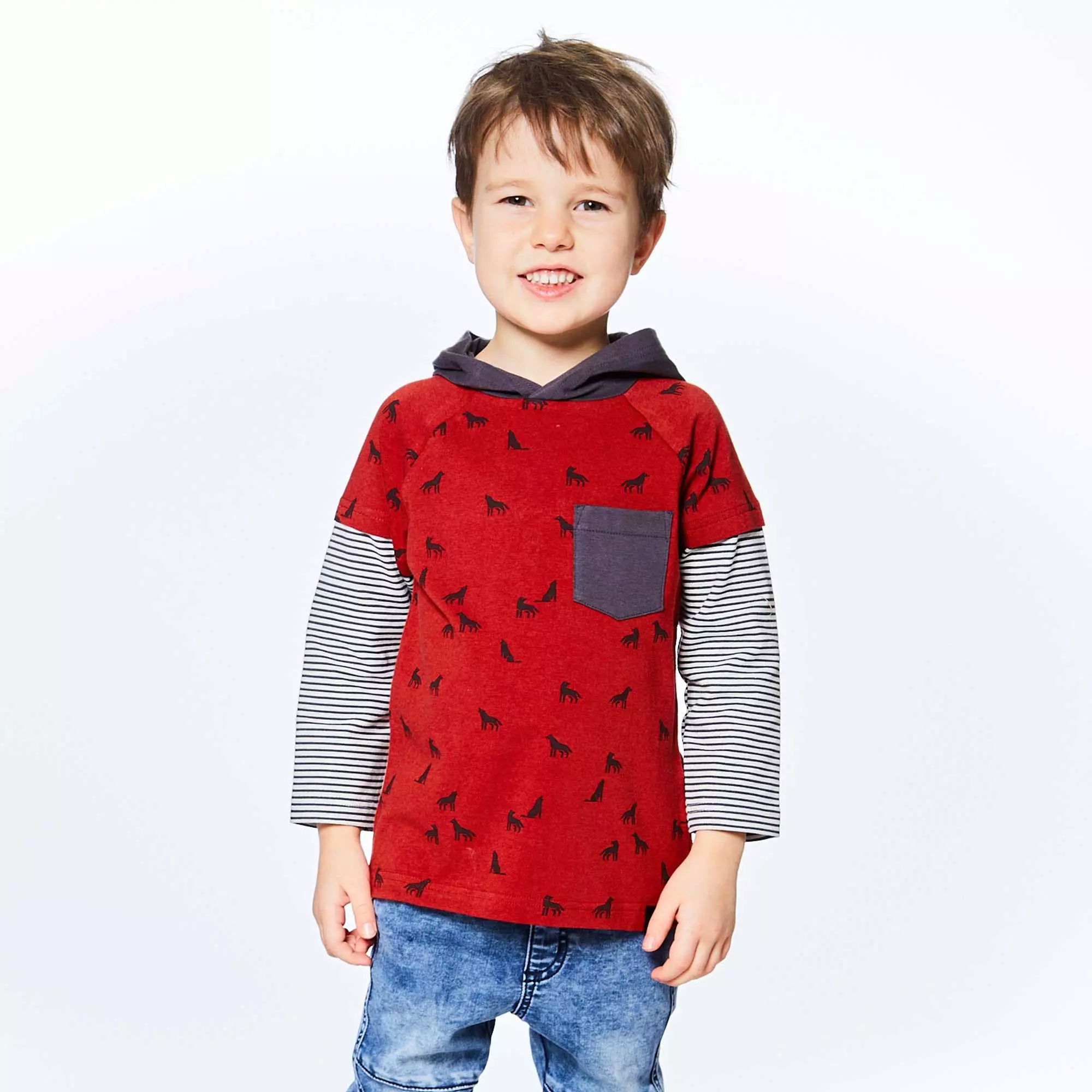 Deux Par Deux Ouble Raglan Sleeve Hooded Top With Wolves Print - Image 5