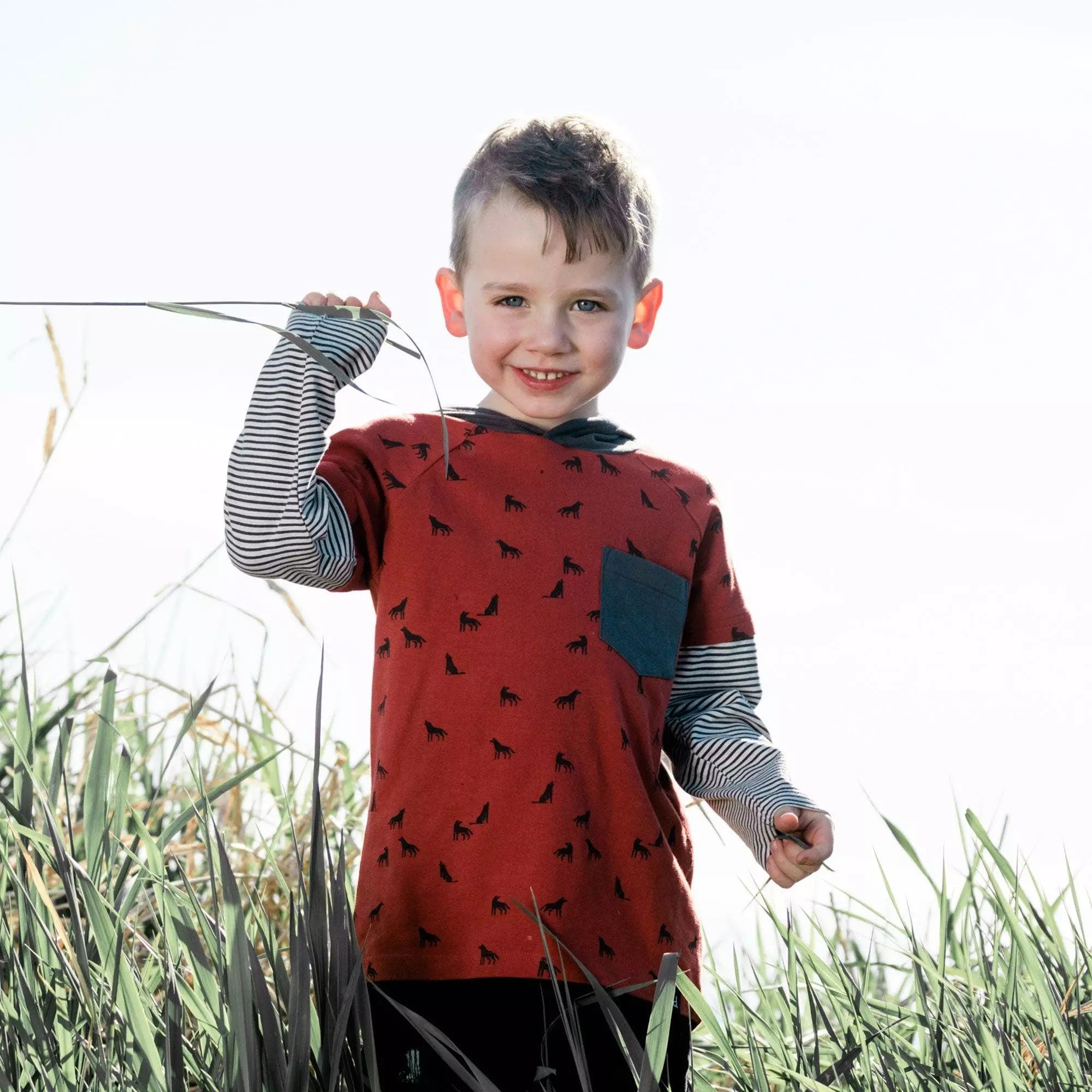 Deux Par Deux Ouble Raglan Sleeve Hooded Top With Wolves Print