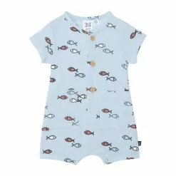 Deux Par Deux Inted Muslin Romper Blue Fish Print