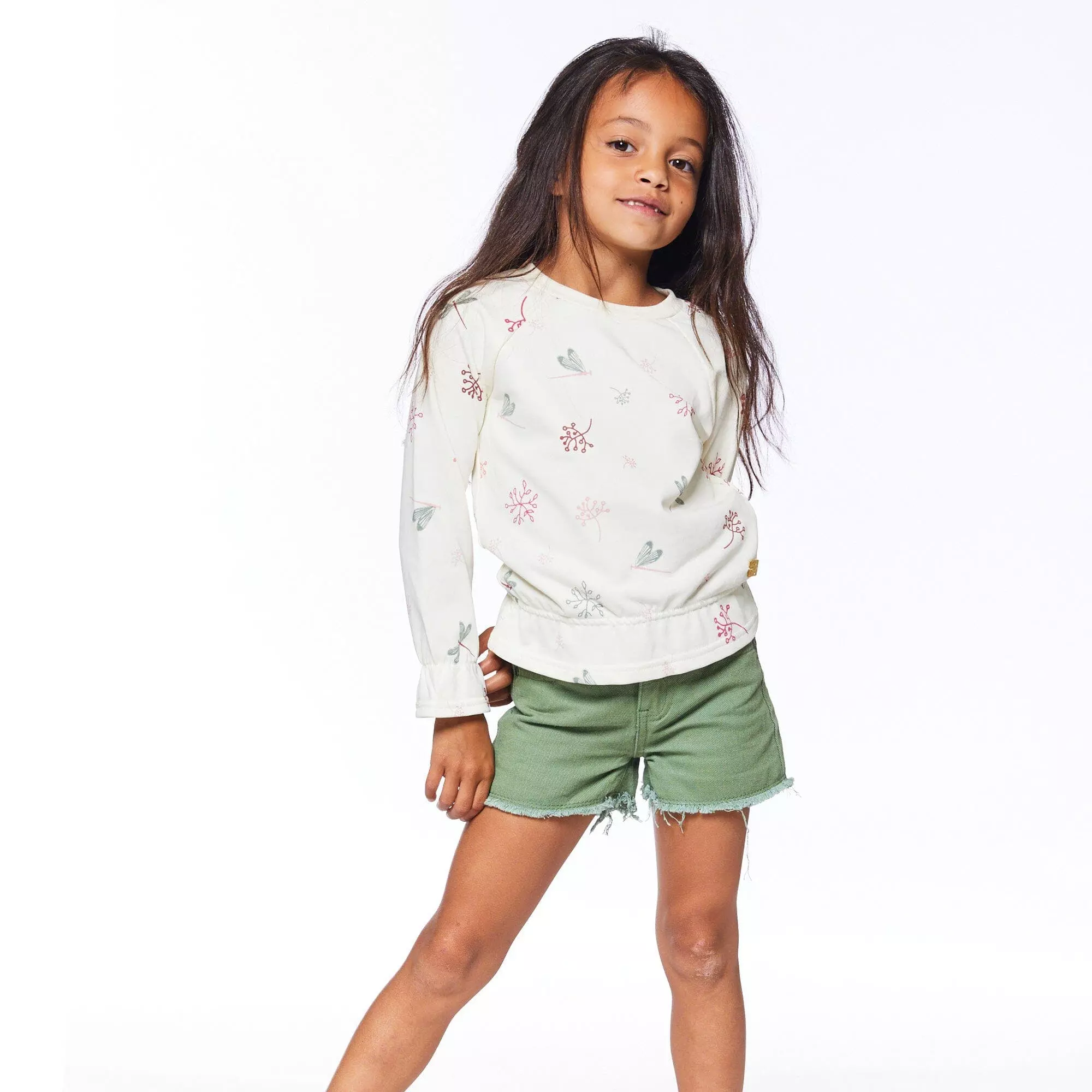 Deux Par Deux Inted Long Sleeve Raglan Top Off White Botanical Flowers