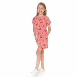 Deux Par Deux Inted French Terry Short Sleeve Raglan Dress In Coral Watermelon