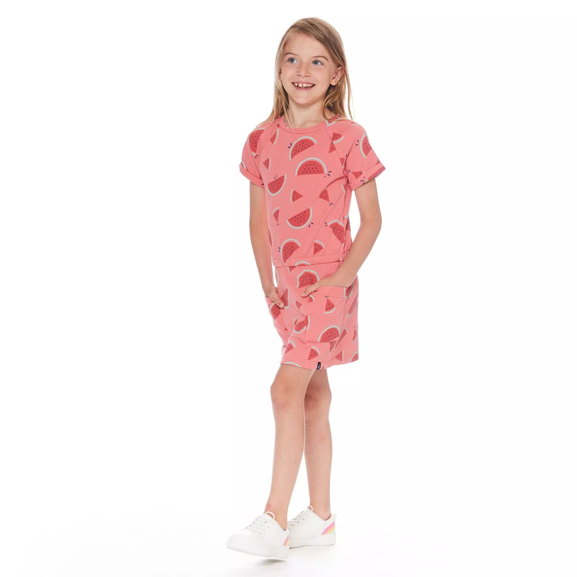 Deux Par Deux Inted French Terry Short Sleeve Raglan Dress In Coral Watermelon
