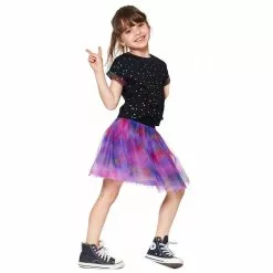 Deux Par Deux Inted Short Sleeve Dress With Tulle Skirt Black & Multicolor Waves