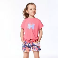 Deux Par Deux Organic Cotton Printed Short With Crochet Pink & Blue Butterfly