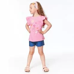 Deux Par Deux Organic Cotton Short Ruffle Sleeve Top- Pink Stripe