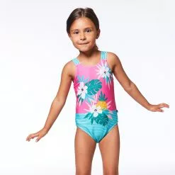 Deux Par Deux Inted One Piece Swimsuit Pink & Green Tropical Flowers