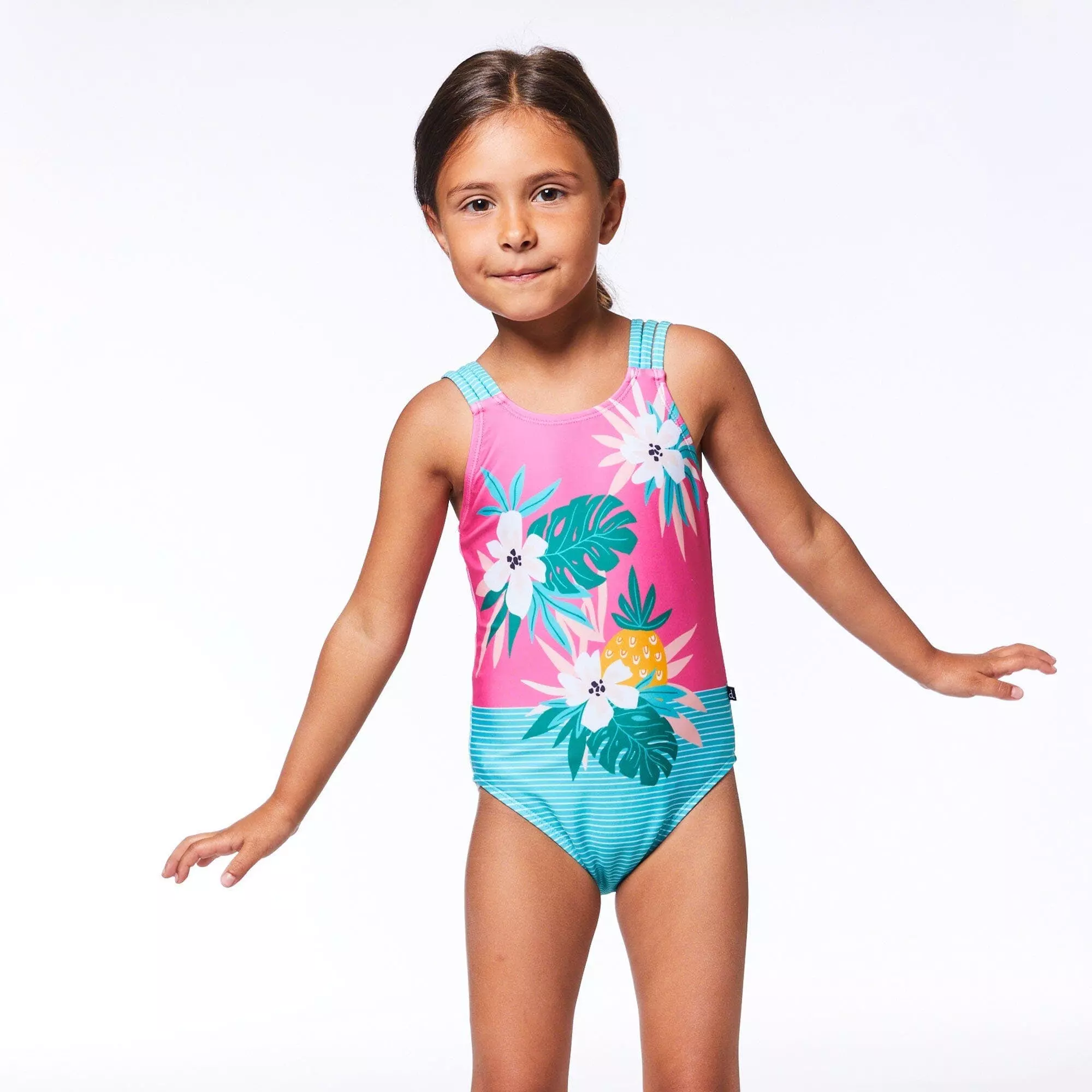Deux Par Deux Inted One Piece Swimsuit Pink & Green Tropical Flowers