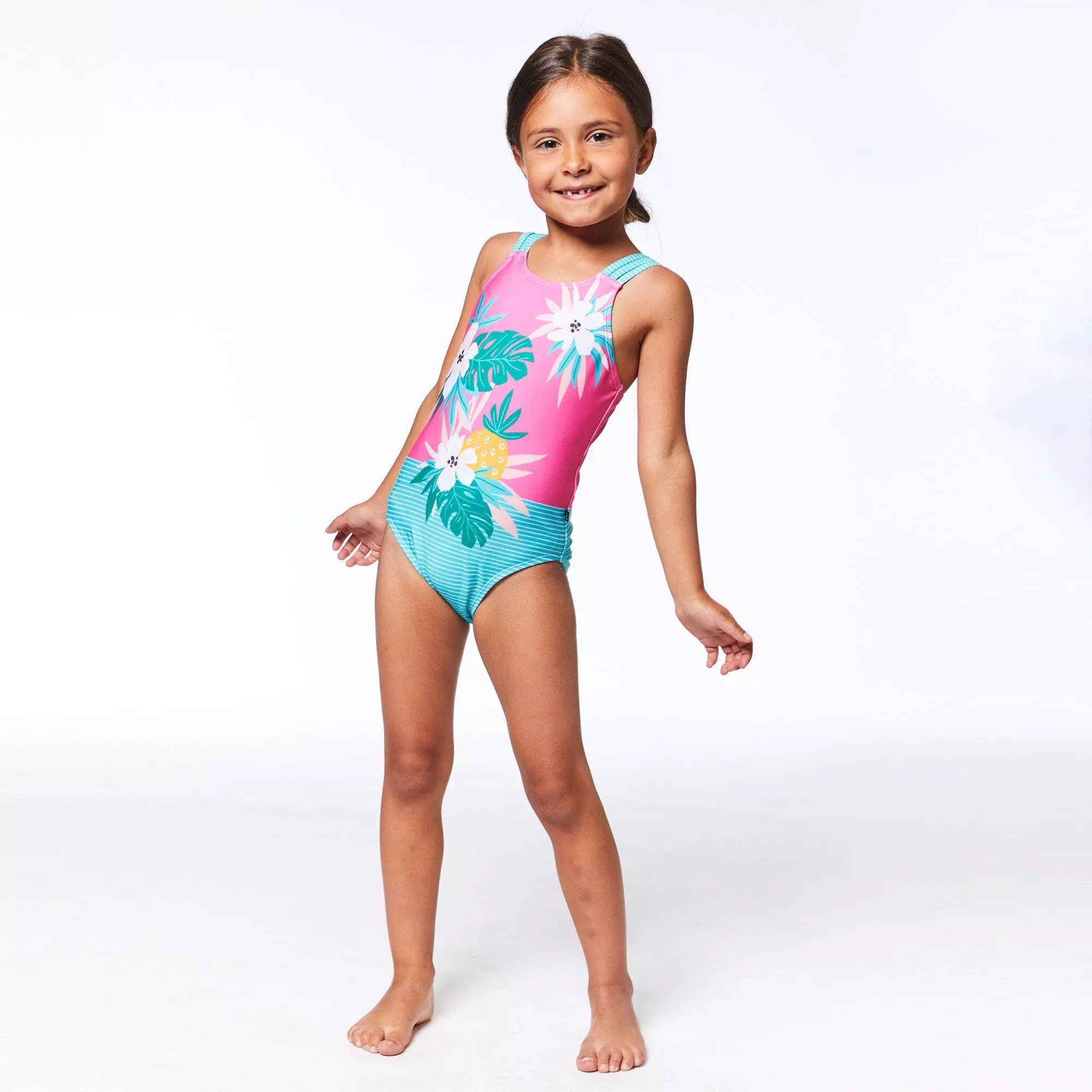 Deux Par Deux Inted One Piece Swimsuit Pink & Green Tropical Flowers - Image 2