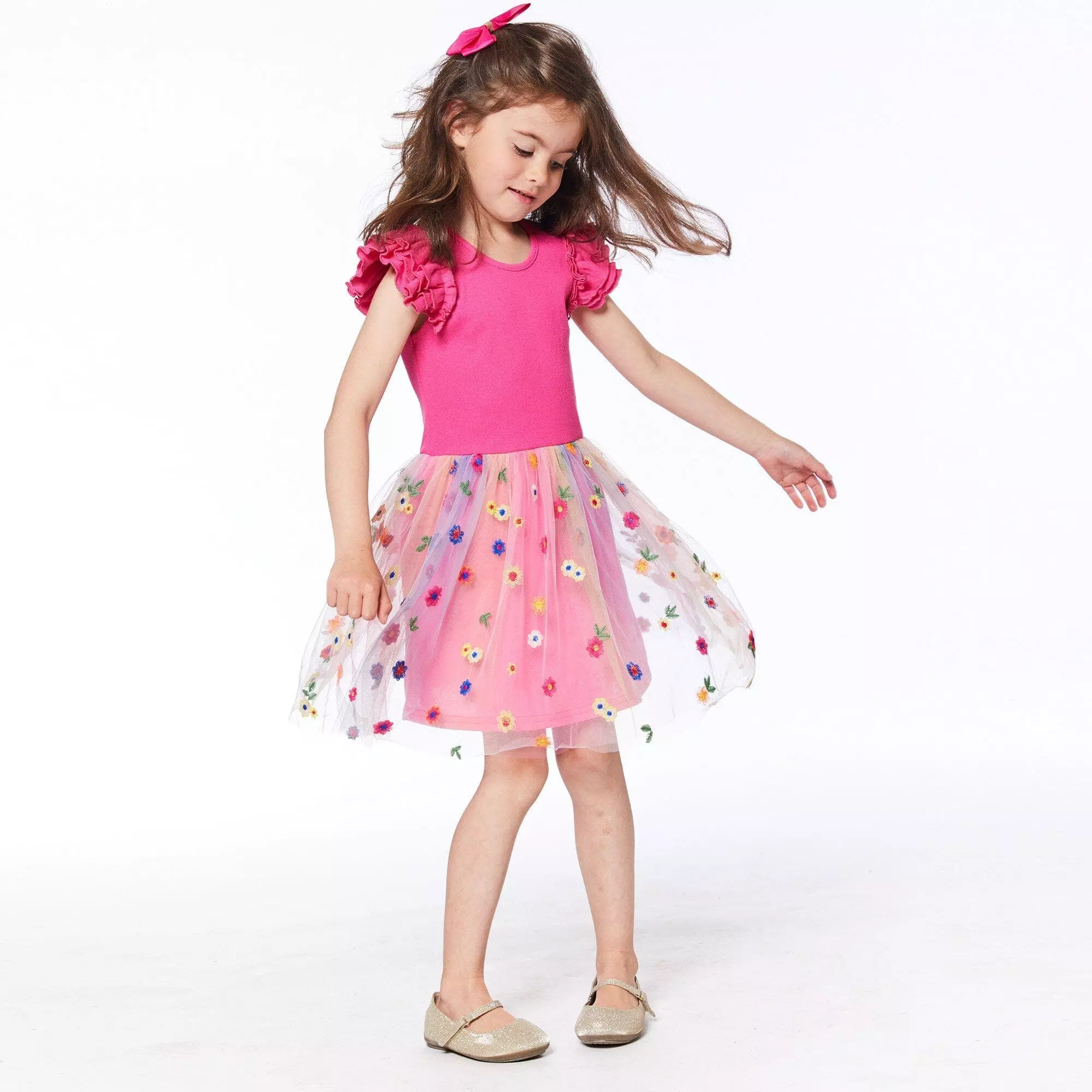 Deux Par Deux Short Sleeve Dress With Embroidered Tulle Skirt Hot Coral With Multicolor Flowers