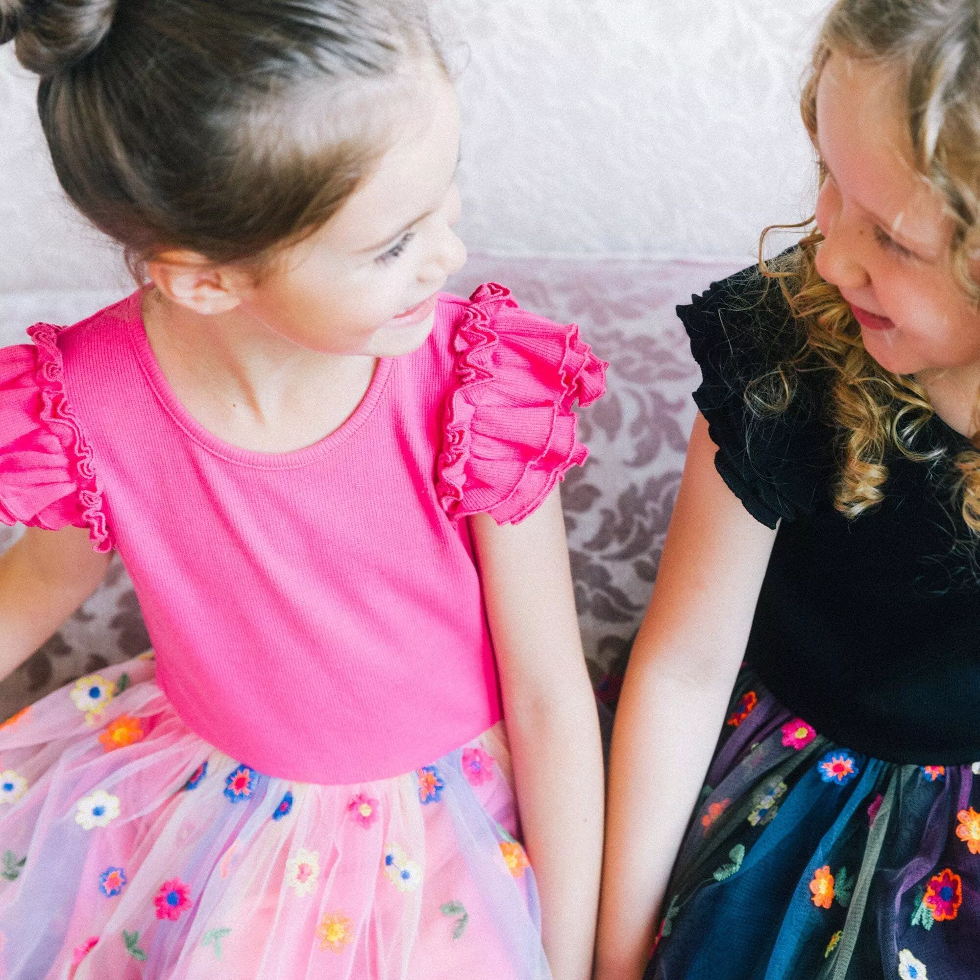 Deux Par Deux Short Sleeve Dress With Embroidered Tulle Skirt Hot Coral With Multicolor Flowers - Image 3