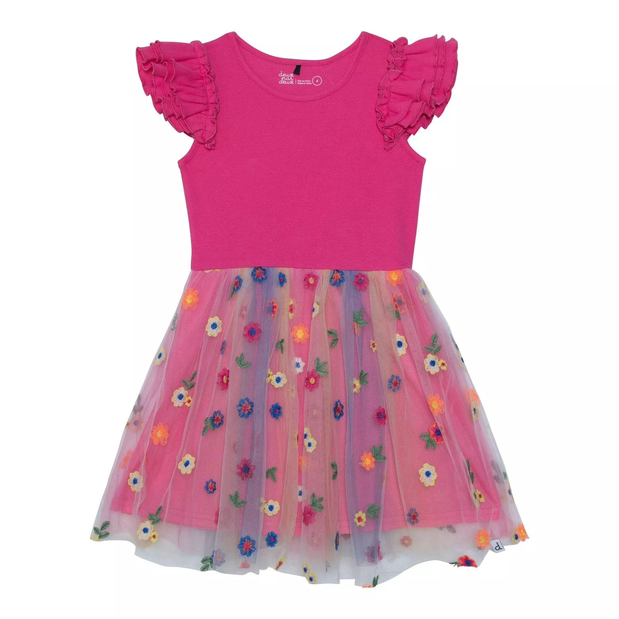 Deux Par Deux Short Sleeve Dress With Embroidered Tulle Skirt Hot Coral With Multicolor Flowers - Image 2