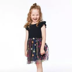 Deux Par Deux Short Sleeve Dress With Embroidered Tulle Skirt Black With Multicolor Flowers