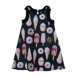 Deux Par Deux Sleeveless Dress With Frill & Print Black Iced Sweets