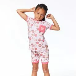 Deux Par Deux Organic Cotton Two Piece Short Pajama Set Light Pink Popcorn & Lollipop Print