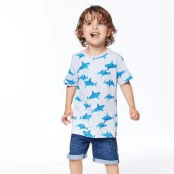 Deux Par Deux Inted Cotton Jersey Tee In Light Heather Grey Sharks