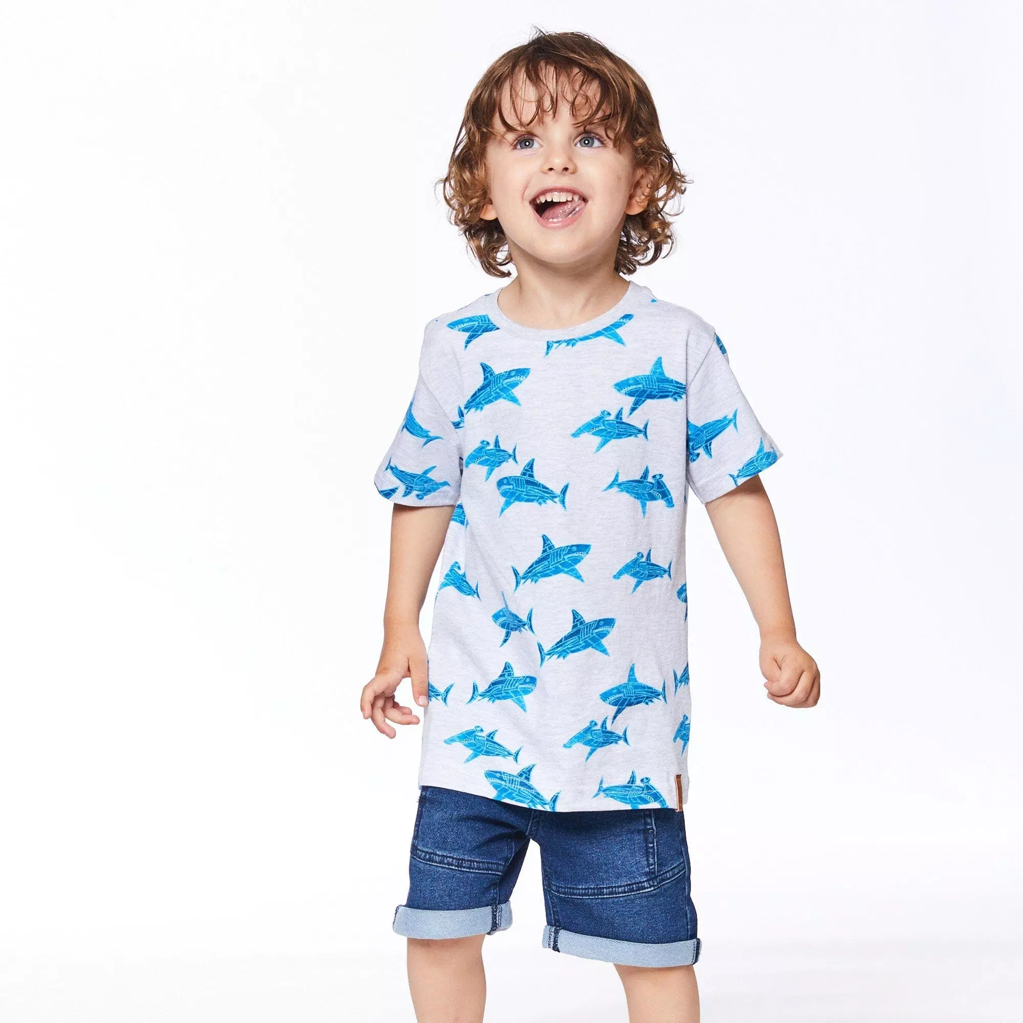 Deux Par Deux Inted Cotton Jersey Tee In Light Heather Grey Sharks