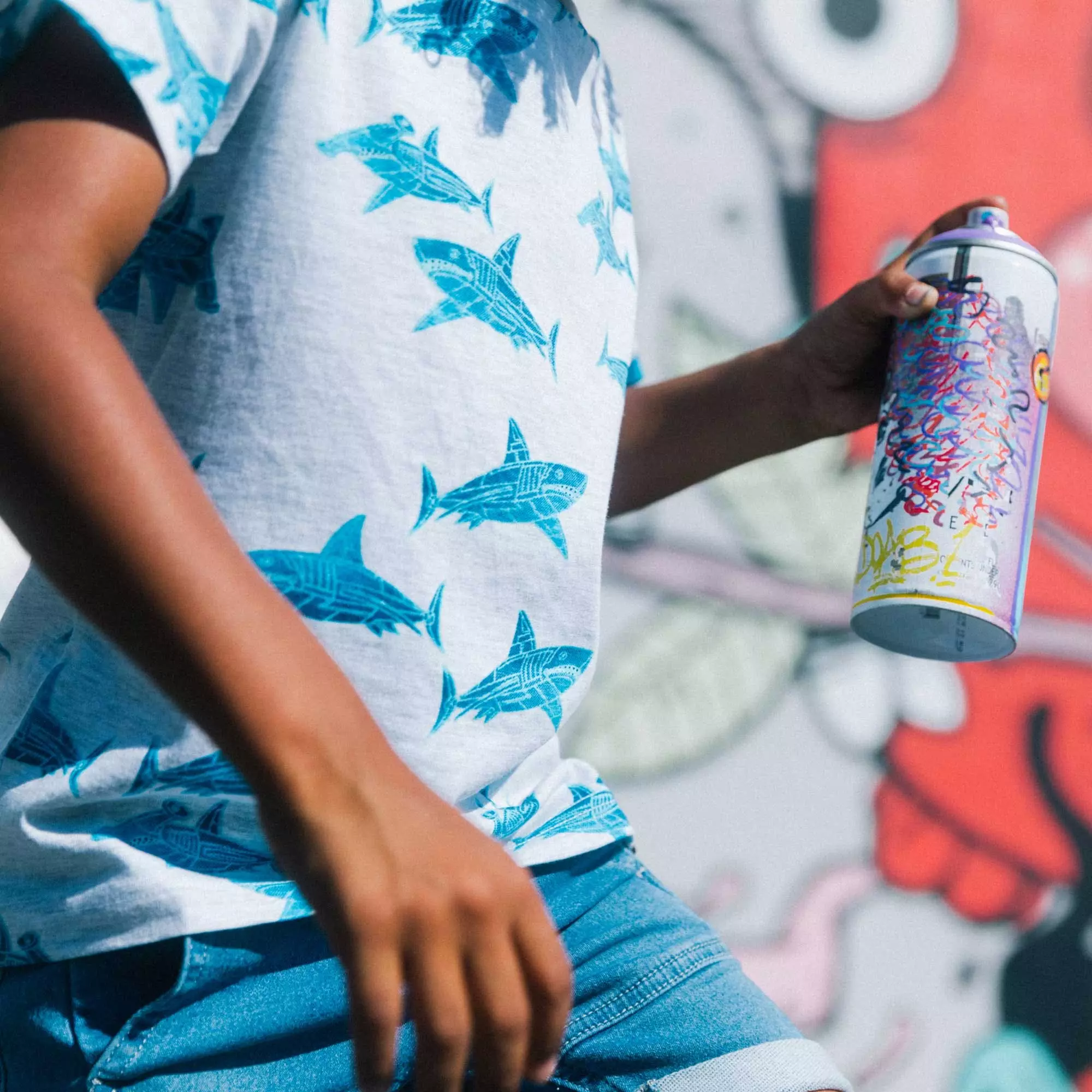 Deux Par Deux Inted Cotton Jersey Tee In Light Heather Grey Sharks - Image 3