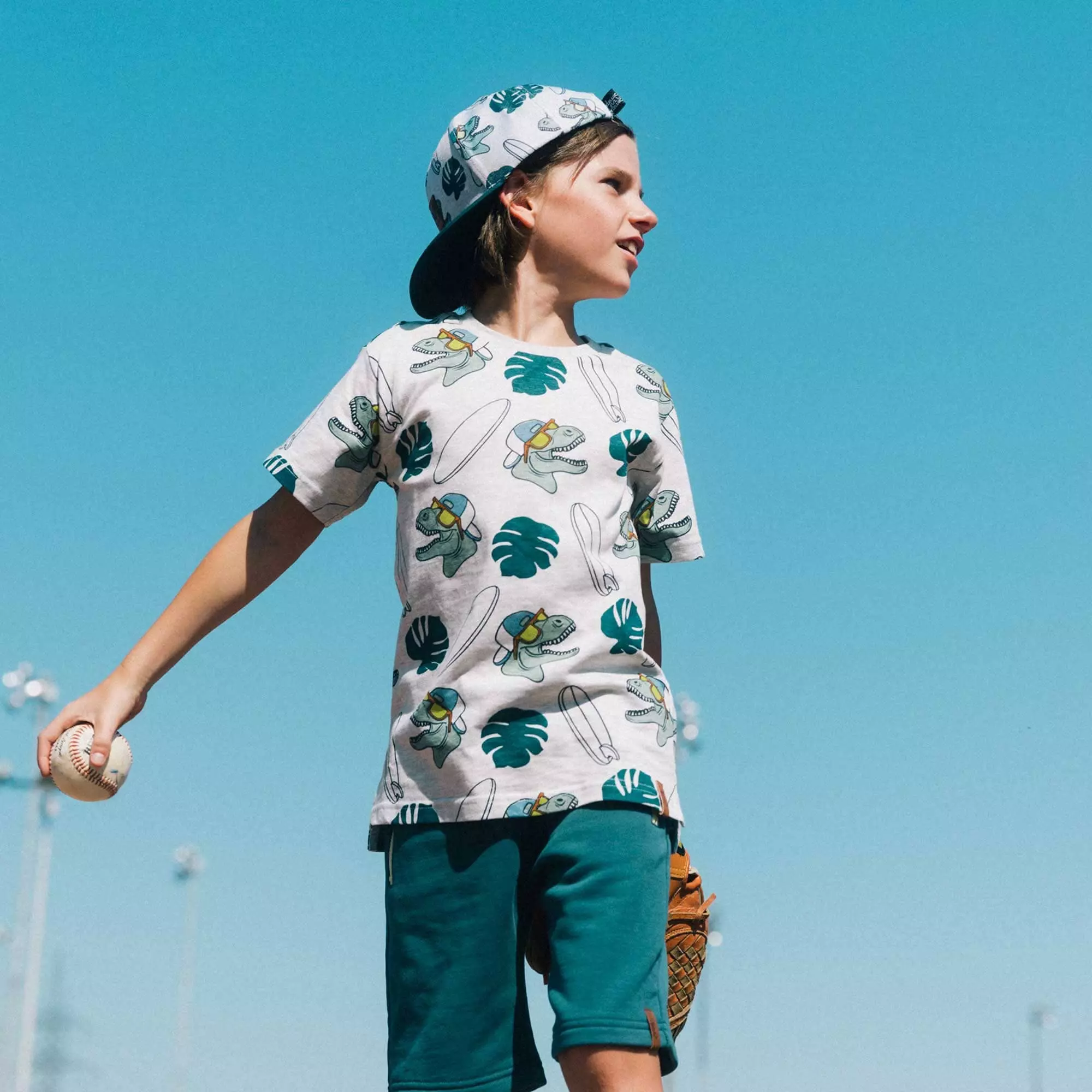 Deux Par Deux Inted Cotton Jersey Tee Light - Heather Grey Dinosaurs - Image 2