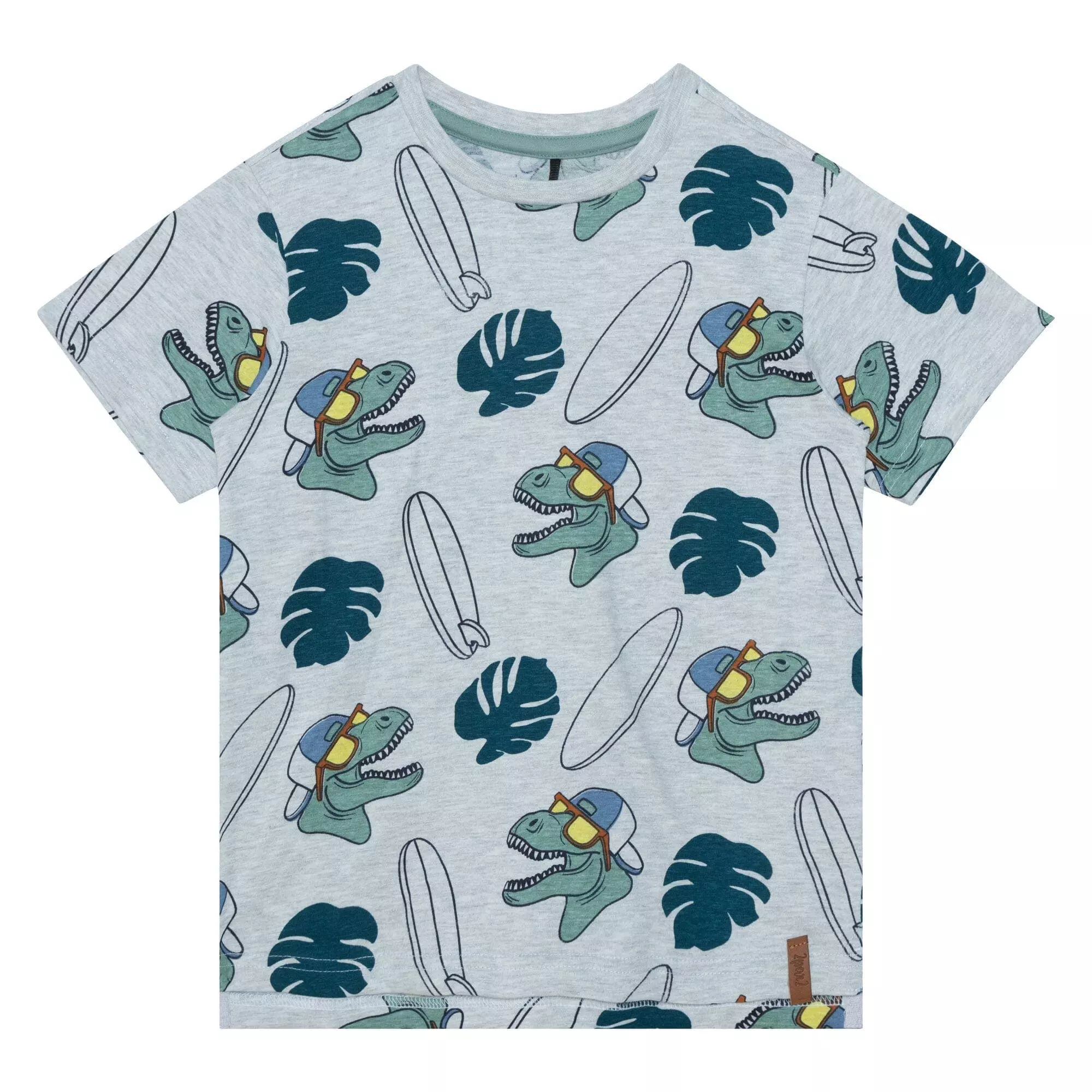 Deux Par Deux Inted Cotton Jersey Tee Light - Heather Grey Dinosaurs
