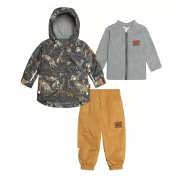 Deux Par Deux Inted 3 In 1 Rain Set Khaki Dinosaurs And Golden Beige