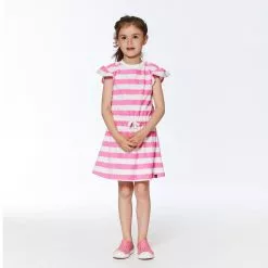 Deux Par Deux Striped Short Sleeve Dress Pink & White