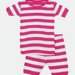 Leveret Short Sleeve Pink Striped Cotton Pajamas
