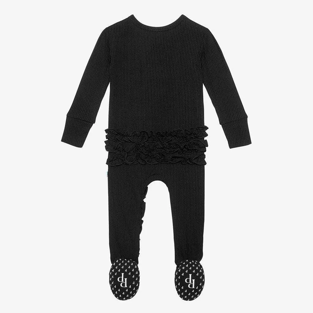 Posh Peanut Black Ribbed Footie Ruffled Zippered One Piece - Image 7