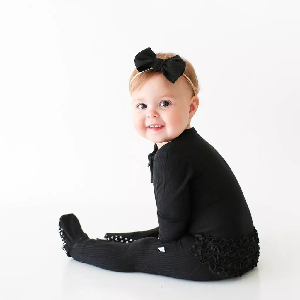 Posh Peanut Black Ribbed Footie Ruffled Zippered One Piece - Image 2
