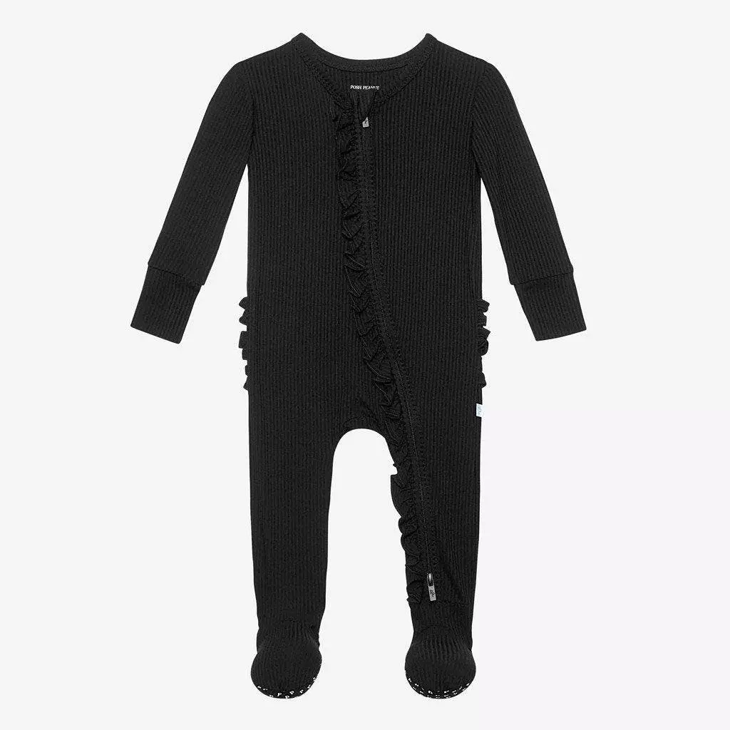 Posh Peanut Black Ribbed Footie Ruffled Zippered One Piece - Image 6