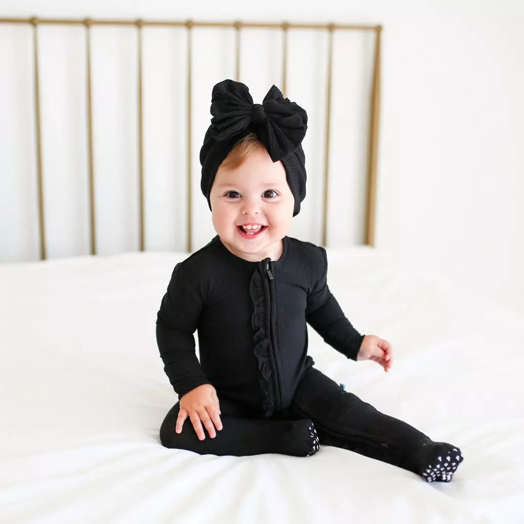 Posh Peanut Black Ribbed Footie Ruffled Zippered One Piece - Image 4