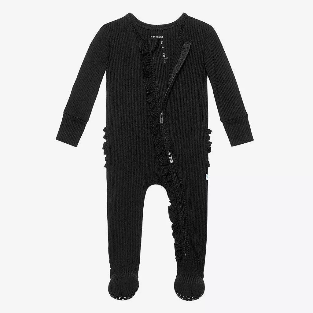 Posh Peanut Black Ribbed Footie Ruffled Zippered One Piece - Image 8