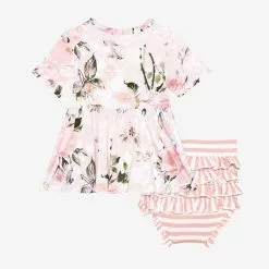 Posh Peanut Vintage Pink Rose Short Sleeve Peplum Ruffled Bummie Set