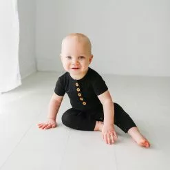 Posh Peanut Black Ribbed Short Sleeve Henley Romper