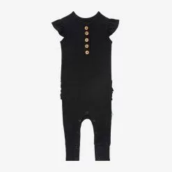 Posh Peanut Black Ribbed Ruffled Cap Sleeve Henley Romper