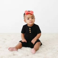 Posh Peanut Black Ribbed Short Sleeve Henley Twirl Skirt Bodysuit