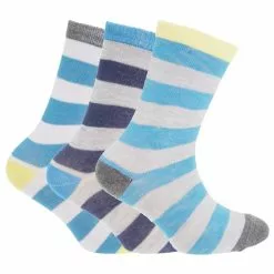 Universal Textiles Childrens/Boys Striped Design Socks (Pack Of 3) (Gray/Yellow/Blue)